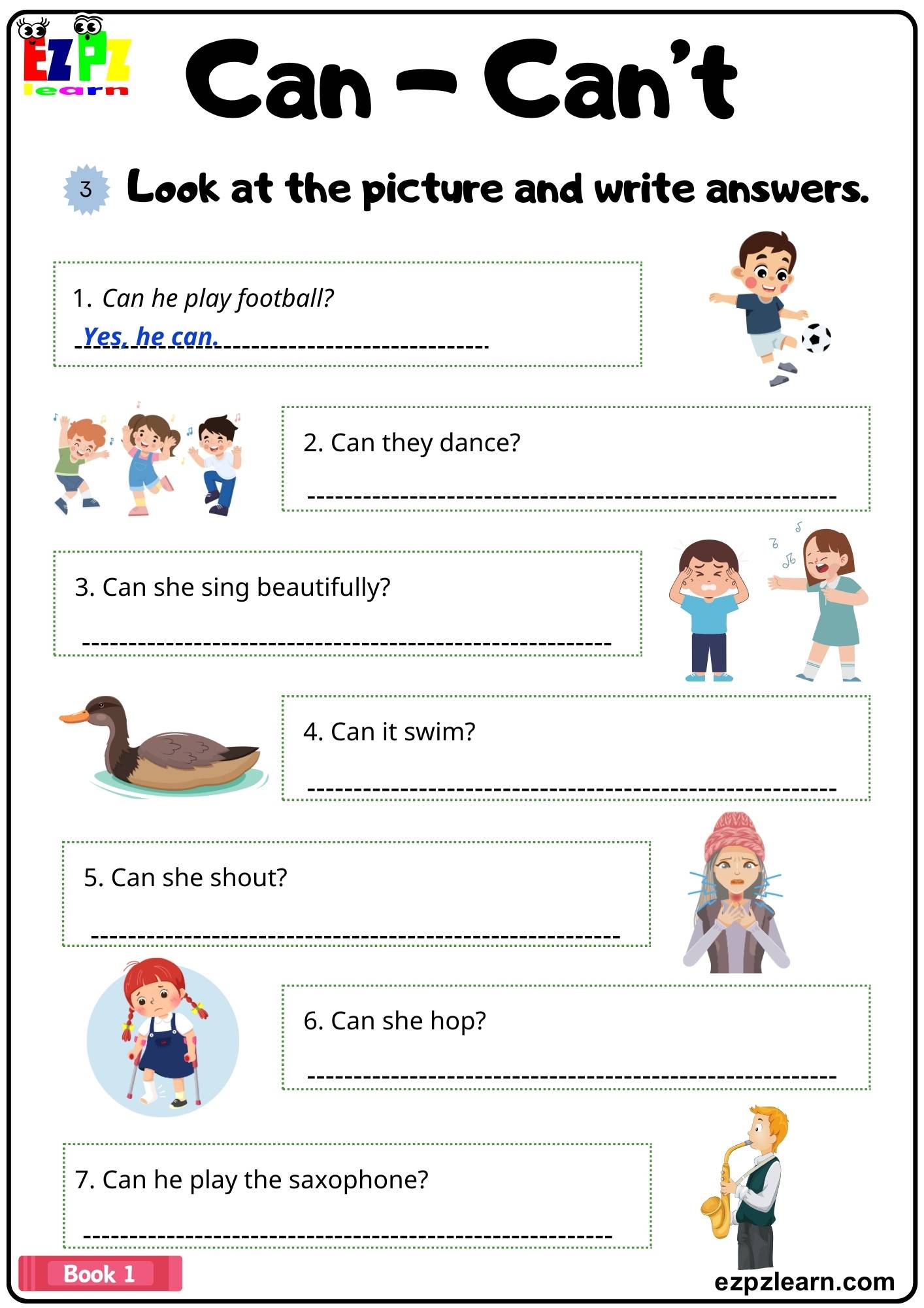 Can/Can't Look at the Pictures and Write the Answers Grammar Worksheet pdf